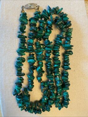 Genuine Malachite Beaded Necklace Gold Tone 32” Long Vintage
